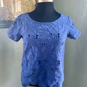 August Silk Embroidered Eyelet Blue Short Sleeve Women's Round Neck Top